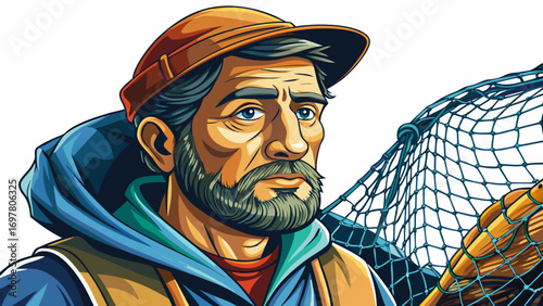 Close-up portrait of male fisherman holding a fishing net. Isolated white background emphasizes resilience, tradition, and connection to water.