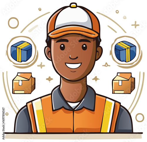 Smiling African American delivery man in a safety vest and cap surrounded by shipping boxes and parcels icon