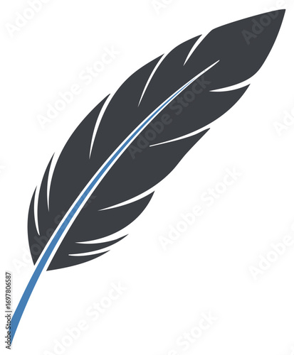 Stylized Vector Illustration of Feather, Quill or Plume with Blue Details Isolated