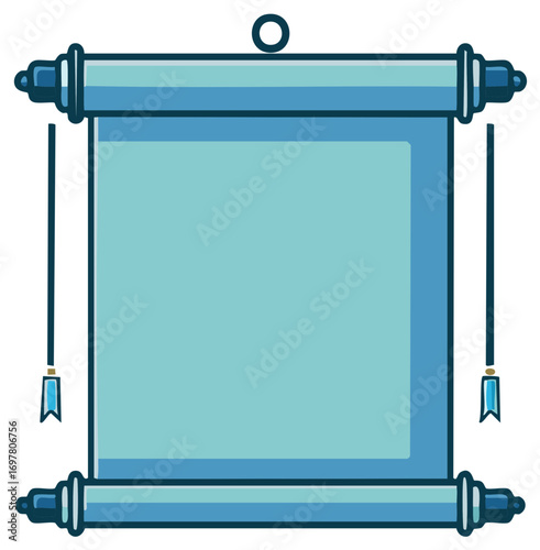 Blank Blue Scroll Design Element with Hanging Ribbons, Vector Illustration