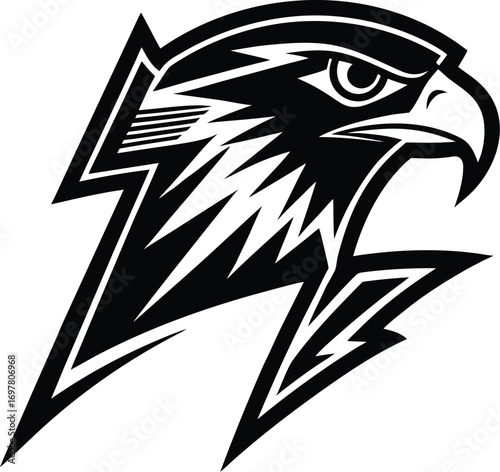 Vector art of aggressive black falcon head logo with lightning bolt elements, symbolizing speed, power, and determination, perfect for sports teams or brands seeking a fierce identity