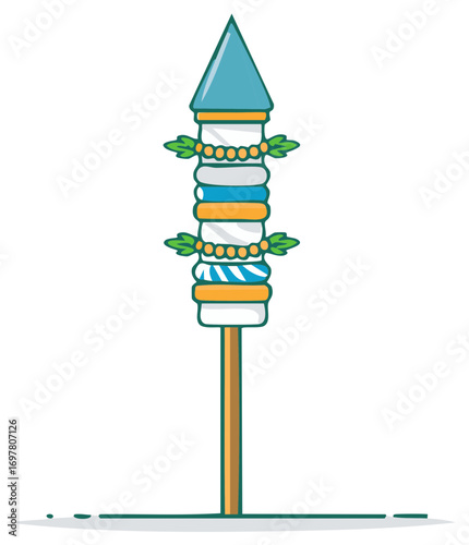 Vector illustration of a decorative totem pole with a blue conical top, and festive adornments