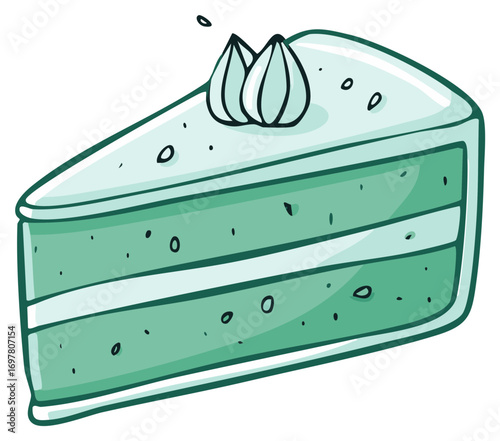 Cute cartoon illustration of a green layered cake slice with frosting topping