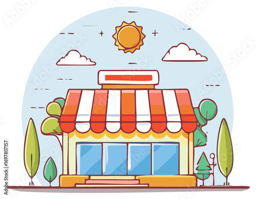 Whimsical Storefront Illustration With Striped Awning and Trees Under a Bright Sun and Fluffy Clouds