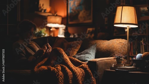 Knitter on sofa under warm lamp light in cozy home atmosphere