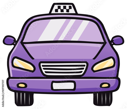 Stylized purple taxi cab cartoon illustration from the front view