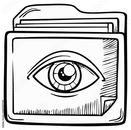 Eye illustration inside file folder, privacy, surveillance, sketch, black and white.