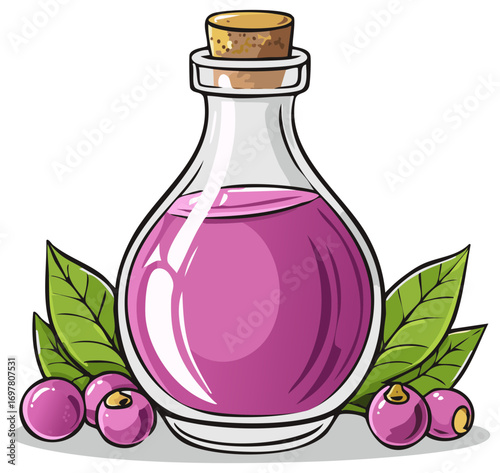 Aromatic purple liquid in glass bottle with leaves and berries illustration
