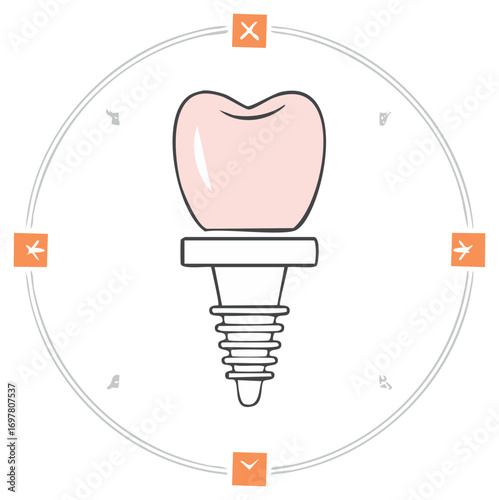 Dental Implant System Icon with Tooth Crown and Screw Post in a Circular Design
