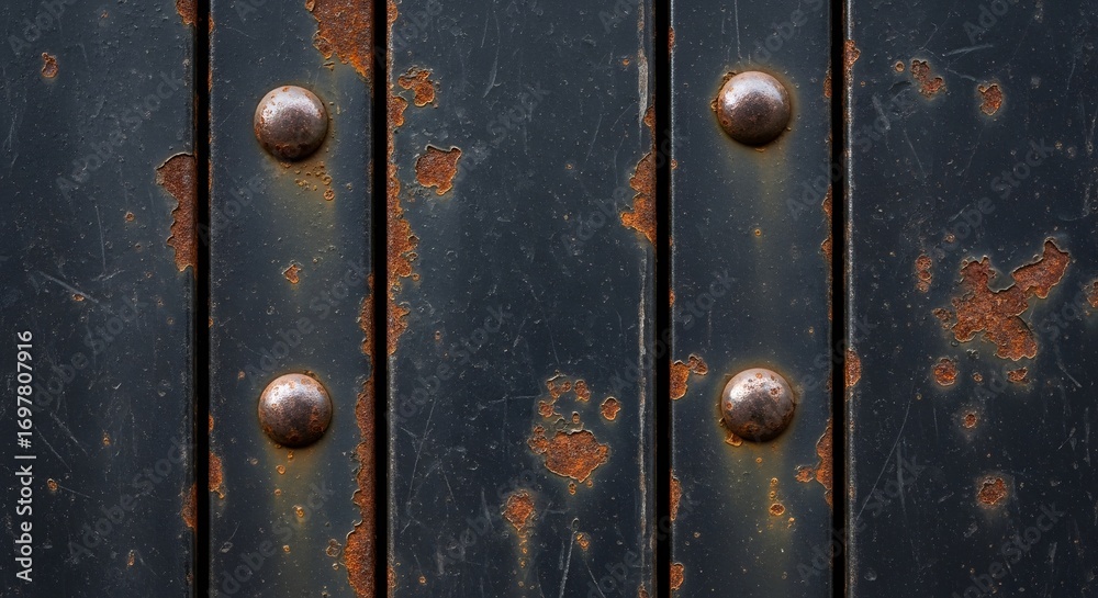 Fototapeta premium Old metal door with rivets and rust showing a lot of wear and tear on the surface