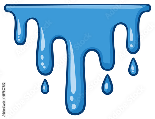 Cartoon illustration of blue liquid water or slime dripping with glossy drops and highlights