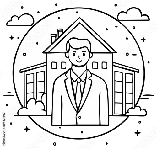 Real Estate Agent Standing Before House Vector Illustration Broker Property Business