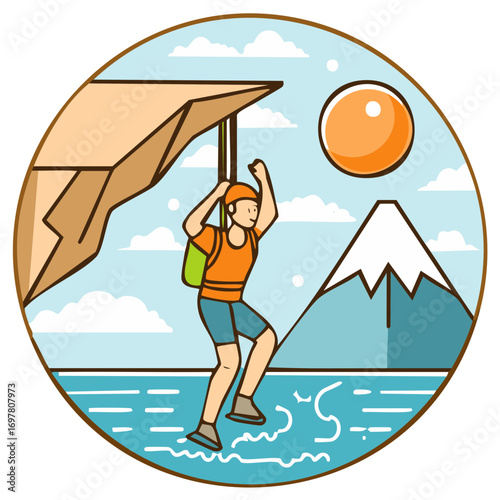 Illustrative design of a hiker climbing a cliffside, surrounded by nature and the sun.
