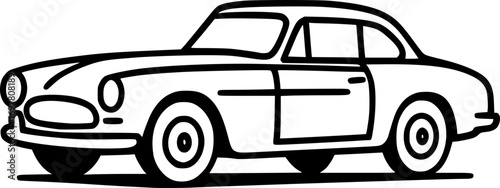 Black and white vector of a classic car in minimalist line art style, simple automotive outline design for retro, vintage, and transport themes