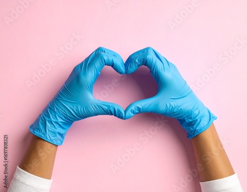 Blue medical gloves forming heart shape with hands against pink background for healthcare support emotional editorial and compassion-themed visual content