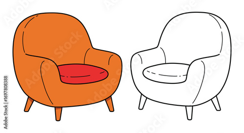 a cozy orange armchair with red cushion beside white outline version