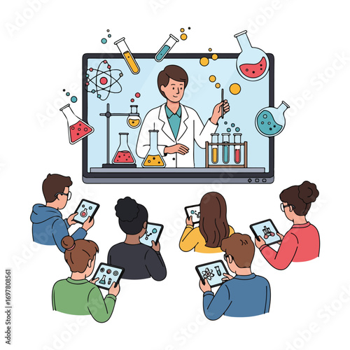 Online science class with teacher demonstrating experiments on a screen to students using tablets.