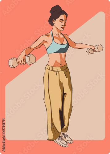 A girl is doing an exercise with dumbbells. Vector illustration. Color illustration.