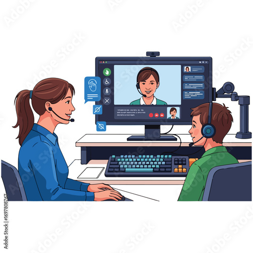 Illustration of two people video conferencing with a person on a screen.