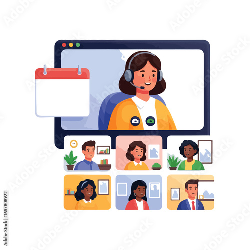 Illustration of a video conference call with multiple participants, including a calendar.