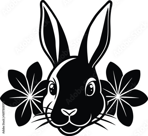 Vector art of stylized black and white illustration of a rabbits head with large ears, surrounded by decorative floral elements, isolated on a