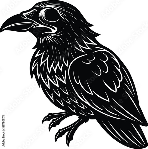 Vector art of a detailed black silhouette of a raven or crow perched, with intricately drawn feathers and sharp eyes, isolated on a clean, conveying mystery and intelligence