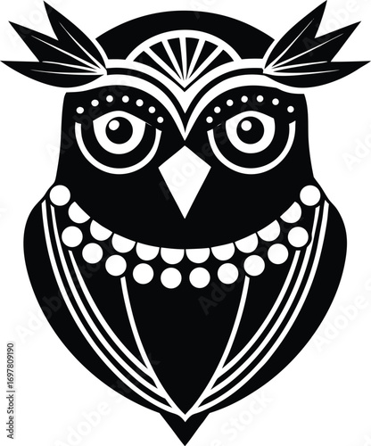 Vector art of stylized black and white graphic illustration of an owls face with decorative patterns and large eyes