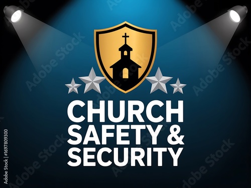 Church safety and security logo on blue background with spotlights