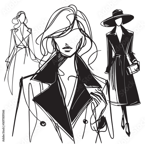 Stylish fashion models. Woman in black coat. Fashion girls Sketch