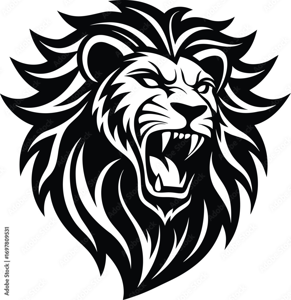 Fototapeta premium Vector art of majestic lion head with open mouth and sharp teeth, roaring expression, black and white illustration, suitable for sports team logo or mascot