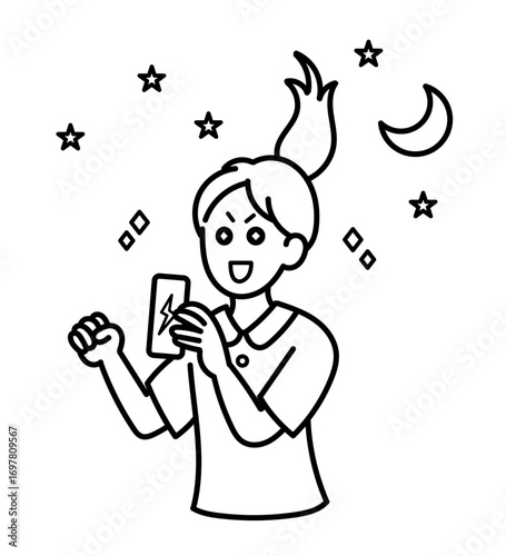 夜勤中にエナジードリンクを飲んで眠気を醒ます看護師のイラスト　線画のみ