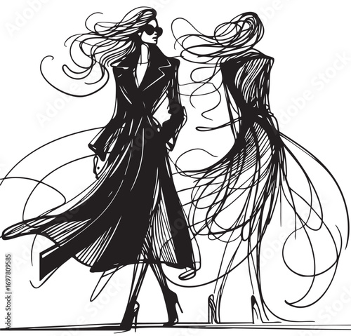 Stylish fashion models. Woman in black coat. Fashion girls Sketch