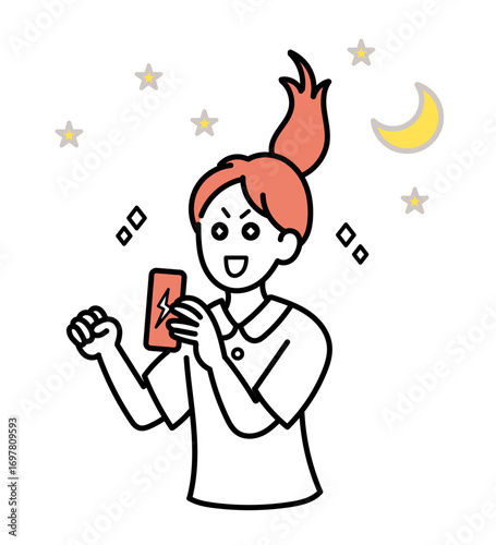 夜勤中にエナジードリンクを飲んで眠気を醒ます看護師のイラスト