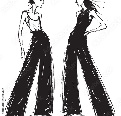 Fashion models in wide pants silhouettes sketch hand drawn , vector illustration, abstract
