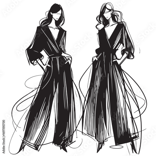 Fashion models in wide pants silhouettes sketch hand drawn , vector illustration, abstract