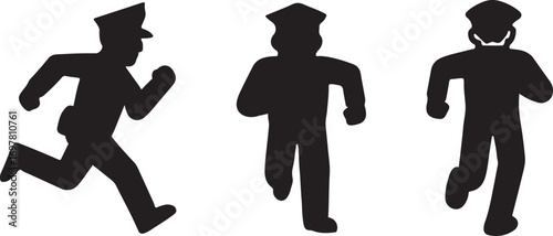 Running Police Officers Silhouette Set Vector Illustration