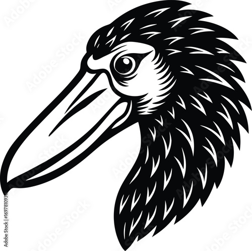 Vector art of stylized black and white illustration of a birds head with a long beak