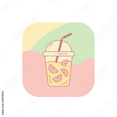 Illustration of a refreshing lemonade drink with lemon slices and a straw on a pastel background