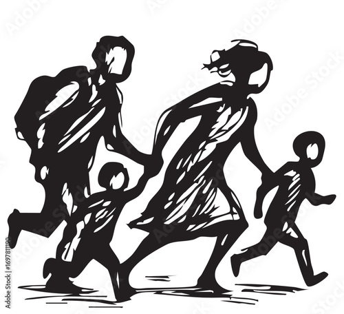 The family leaves their house destroyed. Consequences of the war. Migrant family run with children