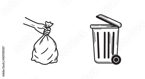 a hand holding garbage bag near trash bin illustration