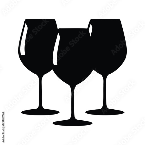 Three Black Wine Glasses Silhouettes on a White Background Elegant Design, wine glasses silhouette vector illustration