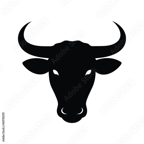 Silhouette of a Black Bull Head with Large Curving Horns, Animal Icon, bull head close up silhouette vector illustration