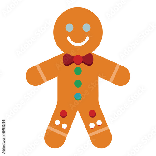 Smiling gingerbread man cookie with festive decorations and a red bow tie