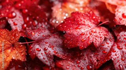 This close-up image captures vibrant red leaves adorned with fresh water droplets, illustrating the beauty of nature and the transition of seasons.