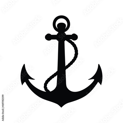 Simple Black Anchor with Rope Illustration on a White Background for nautical themes, marine anchor with rope silhouette vector illustration