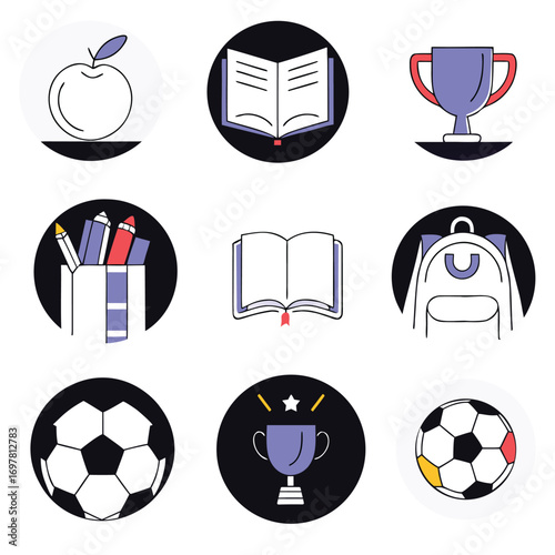 Collection of nine circular icons depicting various school and sports related items in a simple modern illustration style