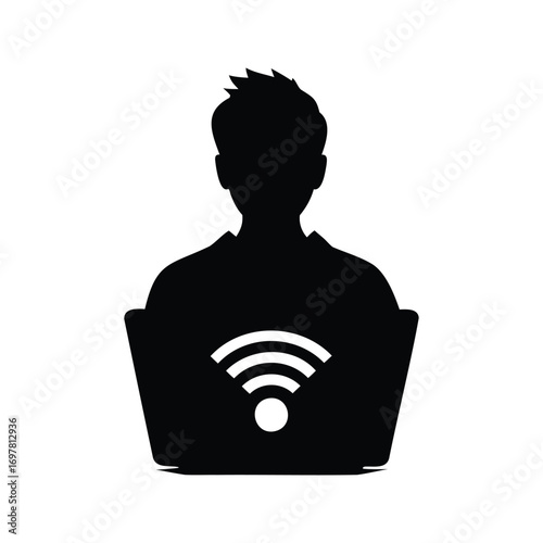 Silhouette of a person working on laptop with wireless connection icon, person using vpn silhouette vector illustration