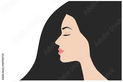 Woman face side view with black long hair vector-illustration