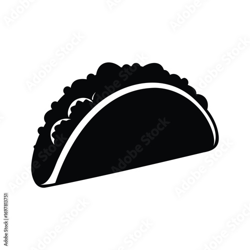Minimalist black and white taco illustration with simplified ingredients for graphic design, taco with fillings silhouette vector illustration