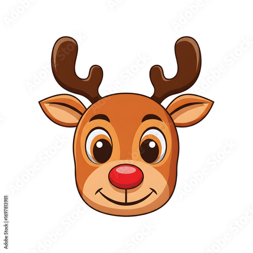 Cute cartoon reindeer face with big brown eyes and a red nose isolated on transparent background